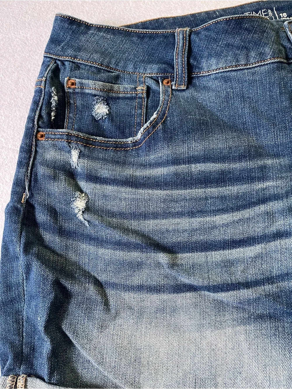 Time and Tru Blue Washed Distressed Rolled-Hem Jean Shorts
